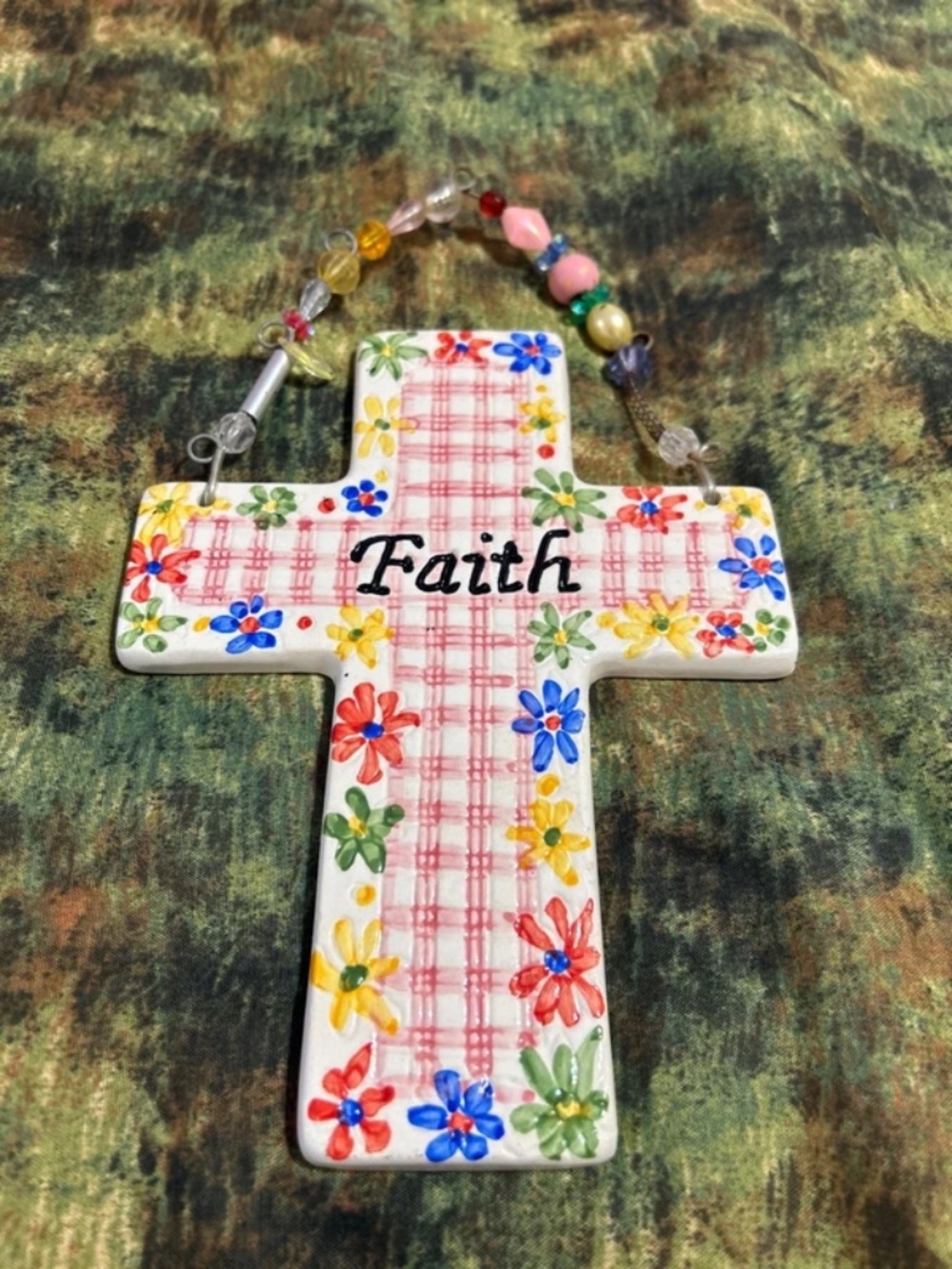 Vtg FAITH Decorative Ceramic Whimsical Colorful Beads Floral Country Cross